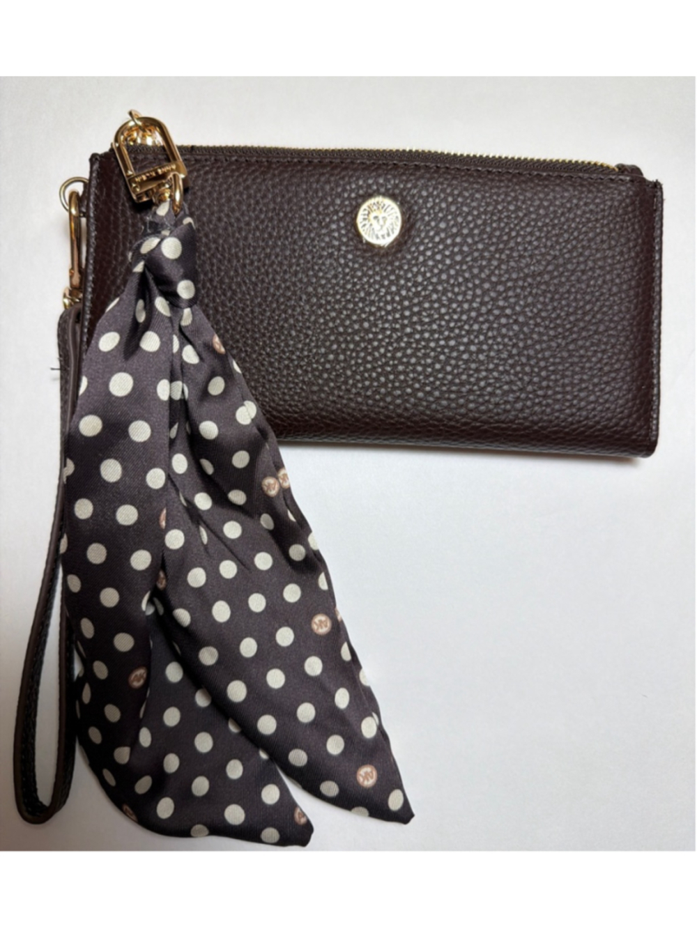 Women's Anne Klein Pebbled Brown Wristlet Wallet With Polka Dot Scarf NWOT